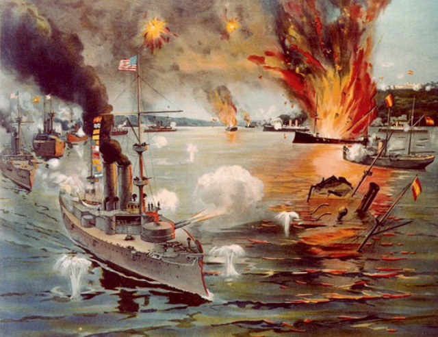 Batalla naval de Cavite. Anónimo, 1898. Battle of Manila Bay showing USS Olympia